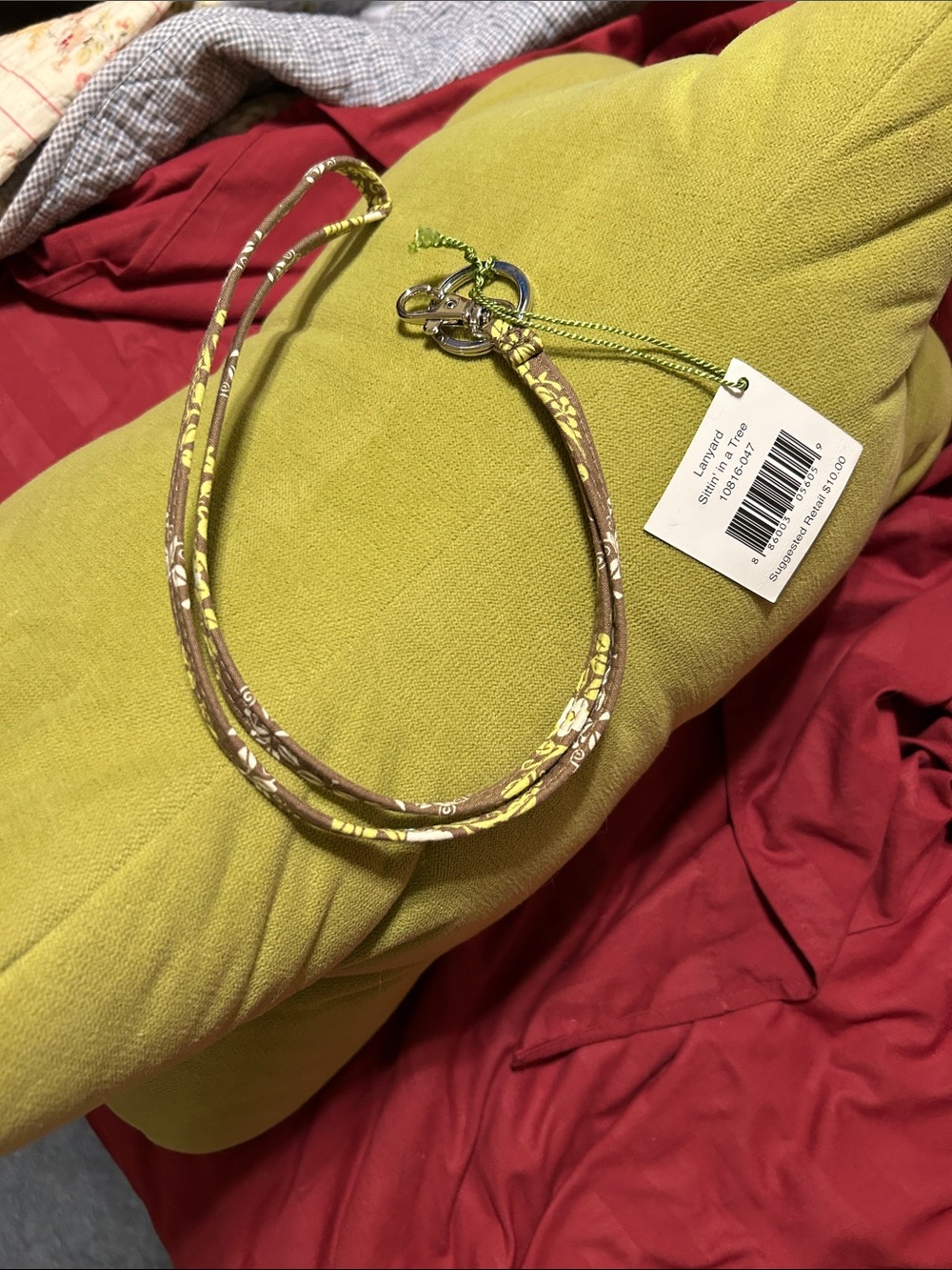 Vera Bradley Olive Green Floral Cord Lanyard Necklace with Silver Hardware